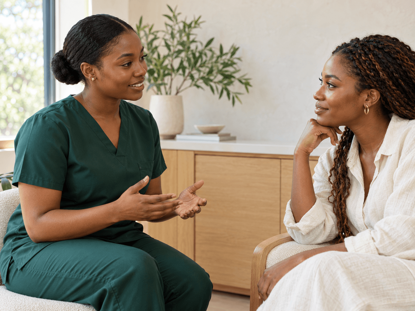 Illustrative scene of a skincare professional listening to a client