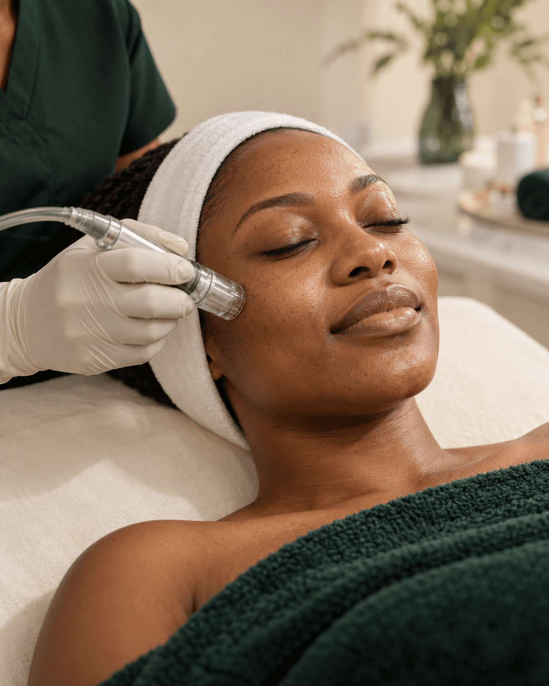 Illustrative HydraFacial treatment with a clear facial wand and soft towels