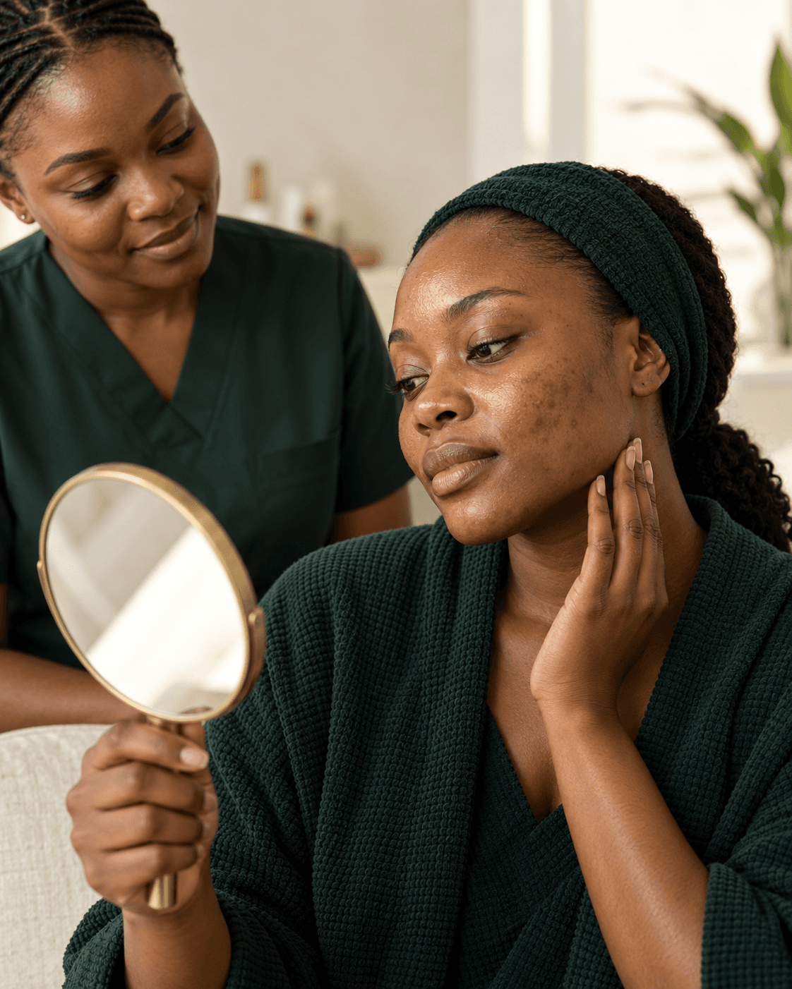 Illustrative consultation about uneven skin tone using a hand mirror