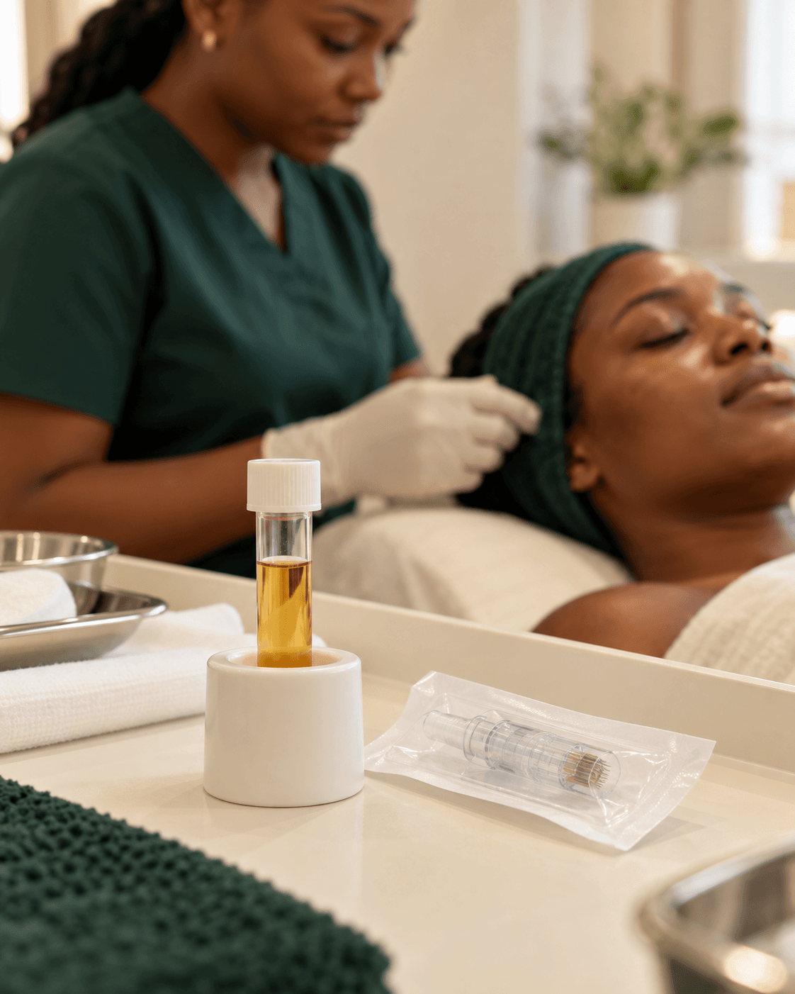 Illustrative clinical preparation with a sealed tube of golden plasma