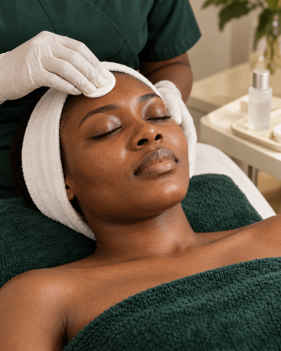 Illustrative facial preparation with a cotton pad across the forehead