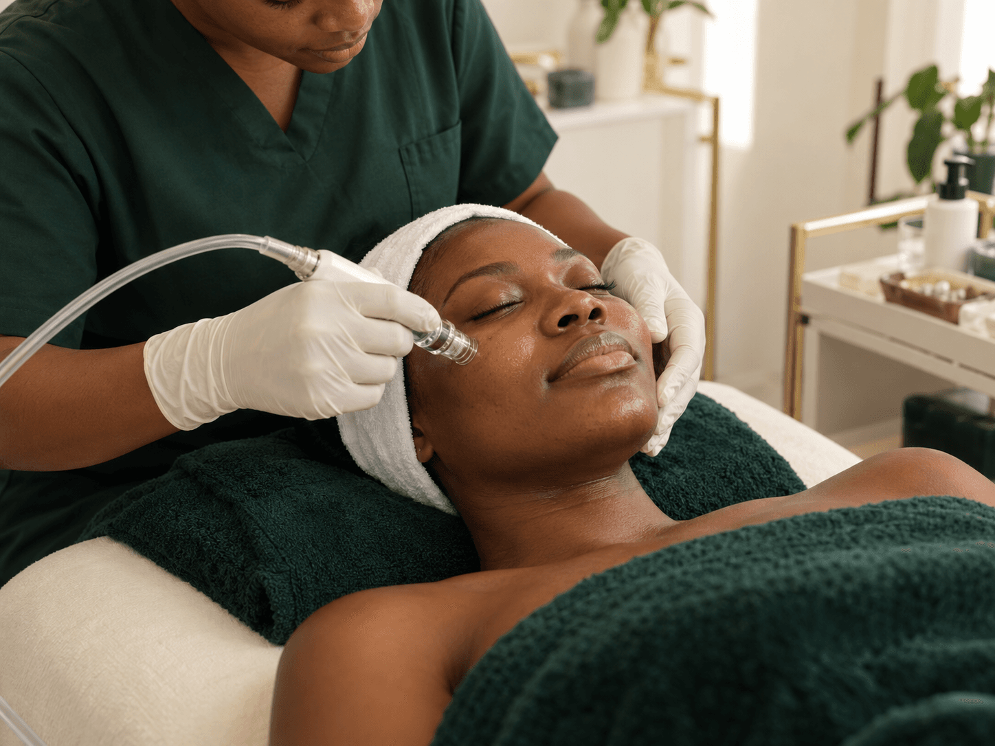 Illustrative facial treatment with a practitioner gently caring for a client